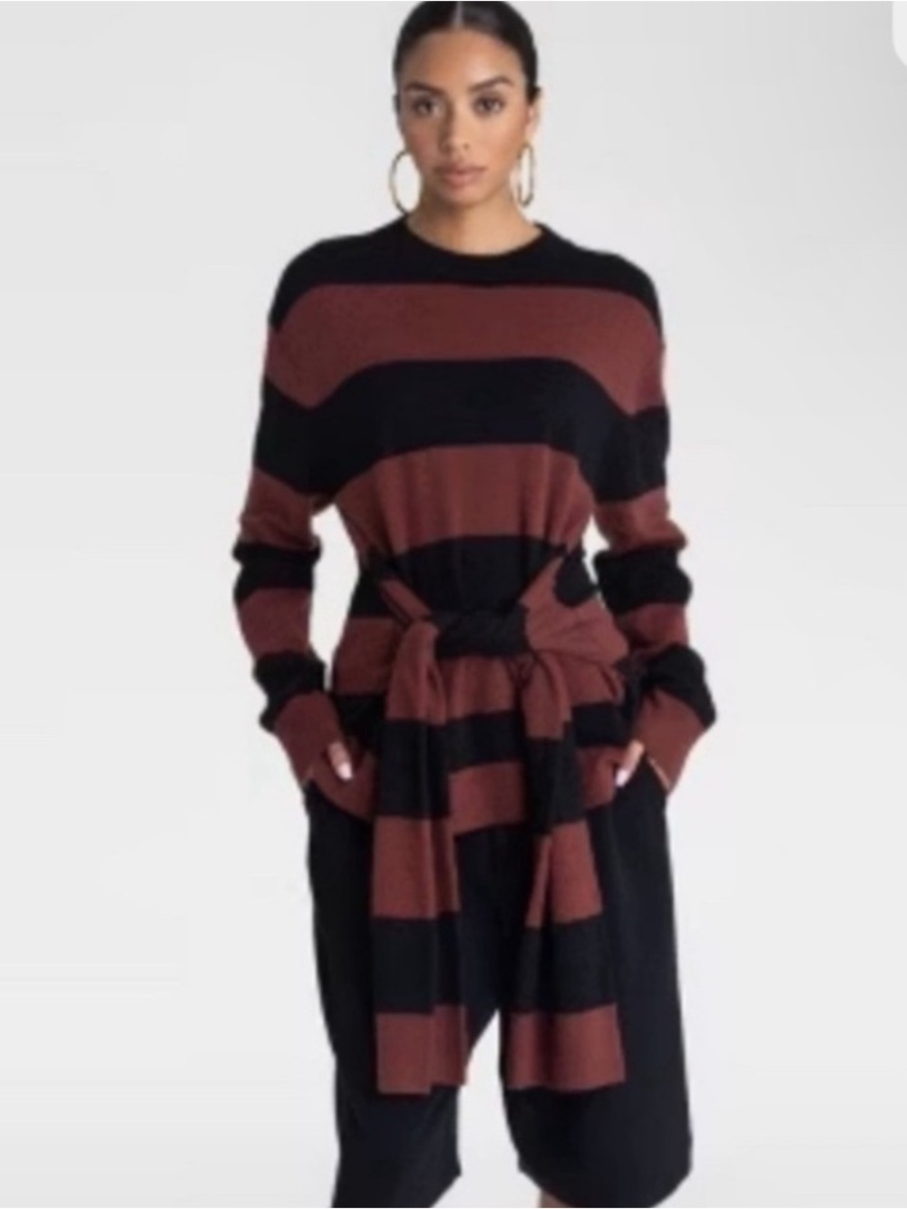Striped Long-Sleeve Sweater Dress in Black and Brown